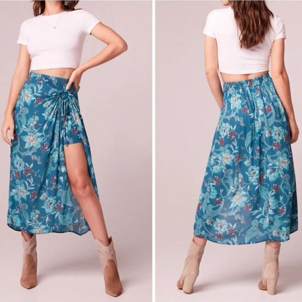BOG Bohemian Peasant Celene Floral Layered Faux Wrap Midi Skirt, Medium, Teal